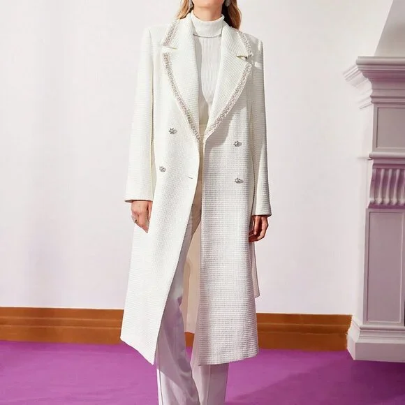 White Elegant Women's Belted Pearl Trim Tweed Coat - Picture 7 of 9